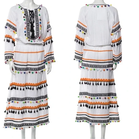 Dodo Bar Or Striped Pom Pom Maxi Dress Multi‎ Color Medium Boho Festival NEW - Picture 11 of 12